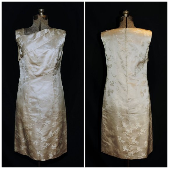 VTG Ivory Satin FloralPrint Cheongsam Sheath Dress - Picture 13 of 13